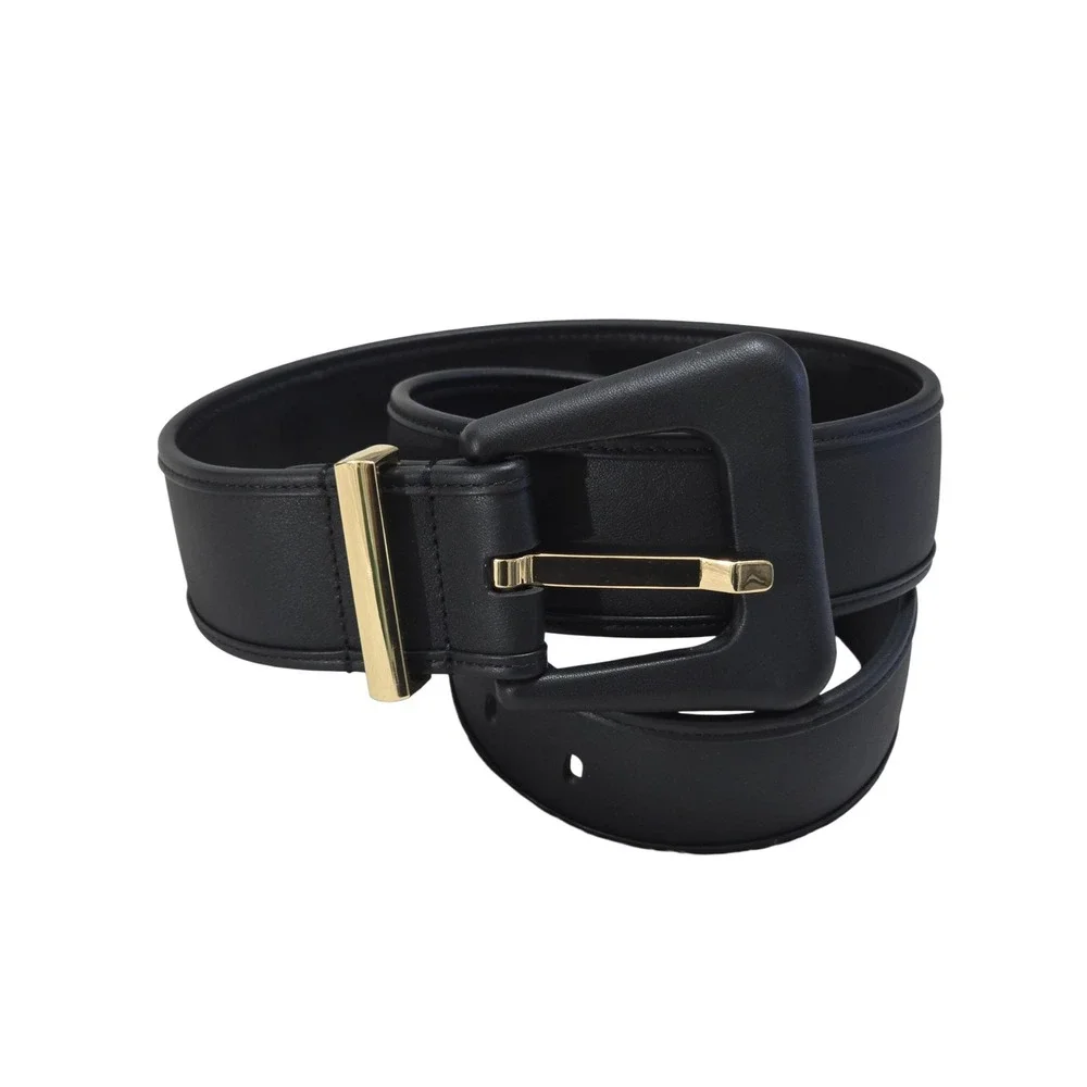 Cabi Black Genuine Leather Belt Gold Hardware Large Wide Buckle 4802